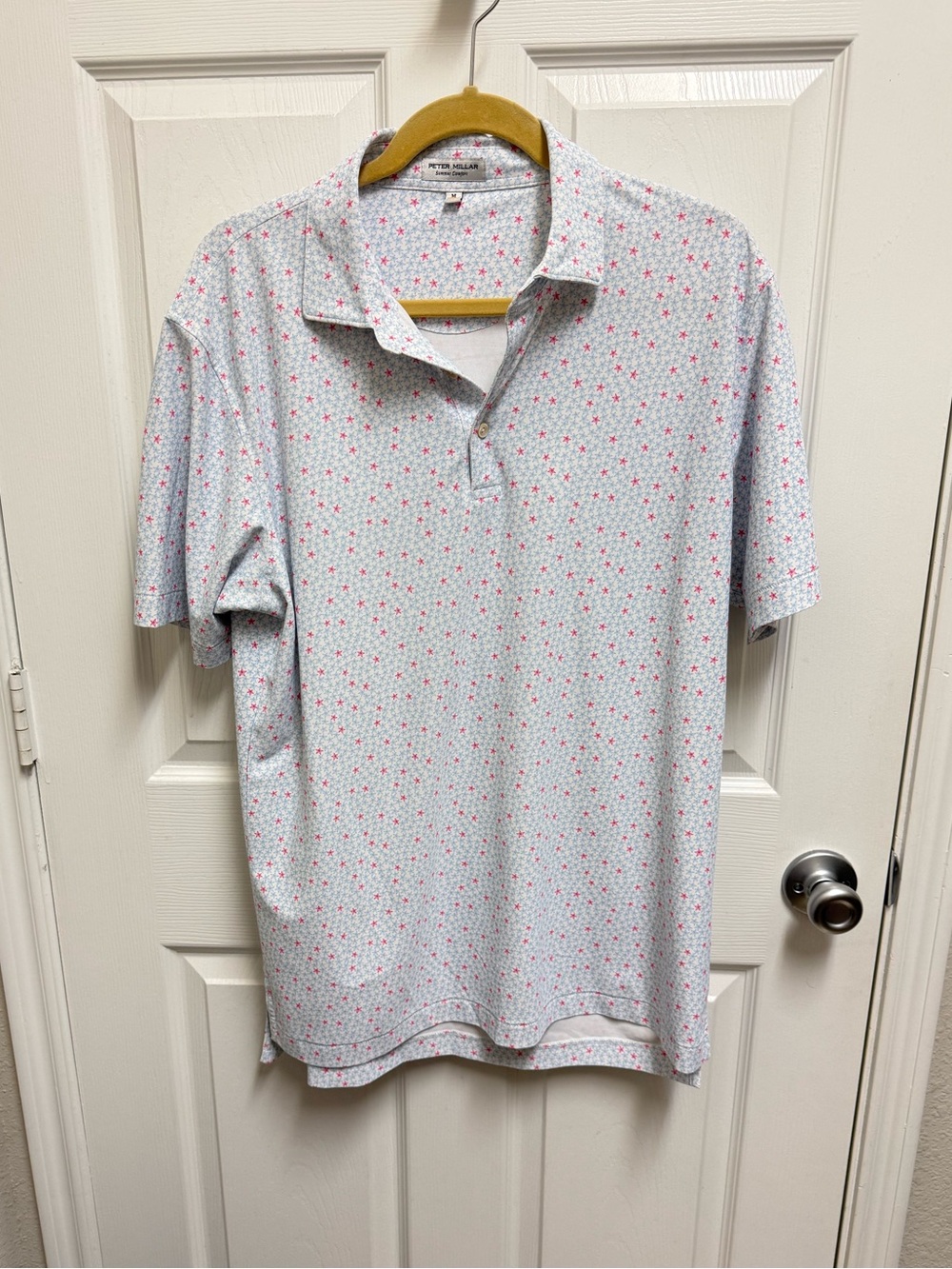 Peter Millar White Polo with Pink and Blue Star Pattern